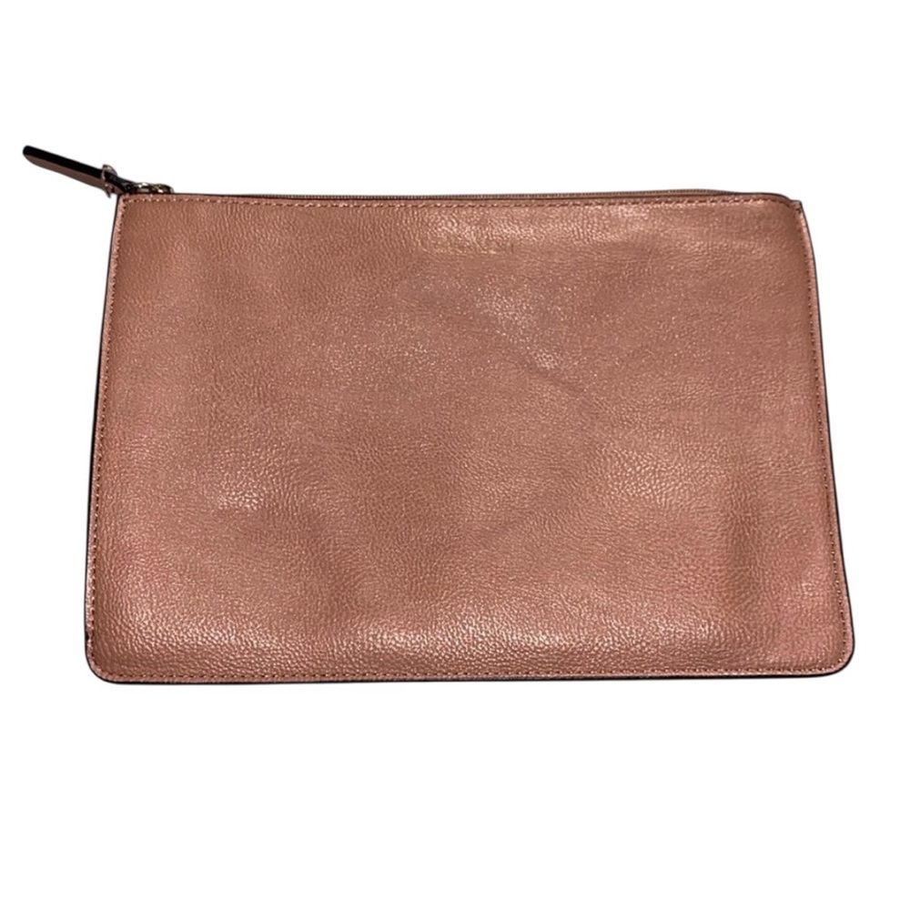Calvin Klein Dusty Rose Pink Pebbled Leather Large Zip Pouch Clutch Bag EUC